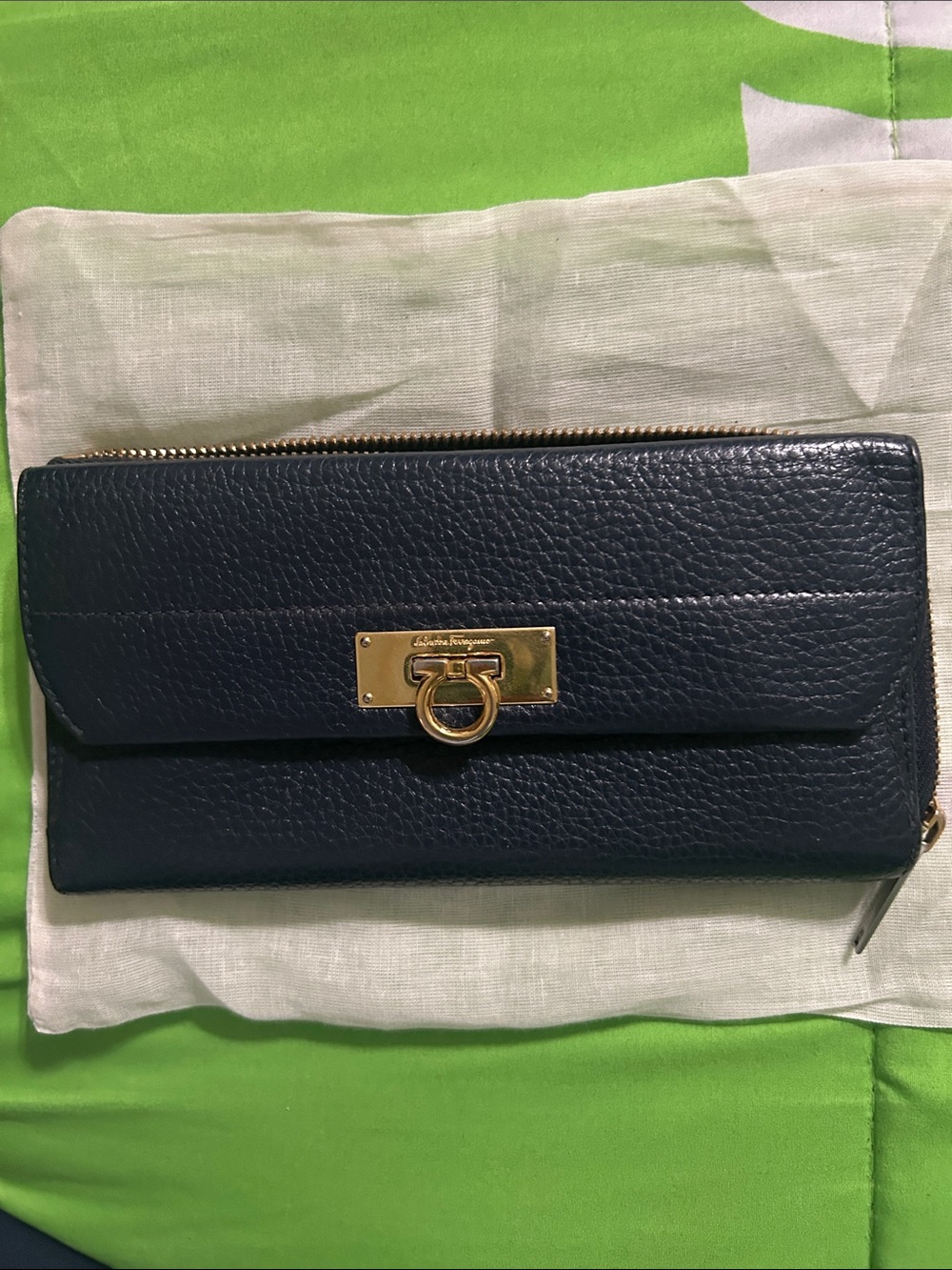 Salvatore Ferragamo Navy Leather Zip-Around Wallet with Gold Accent